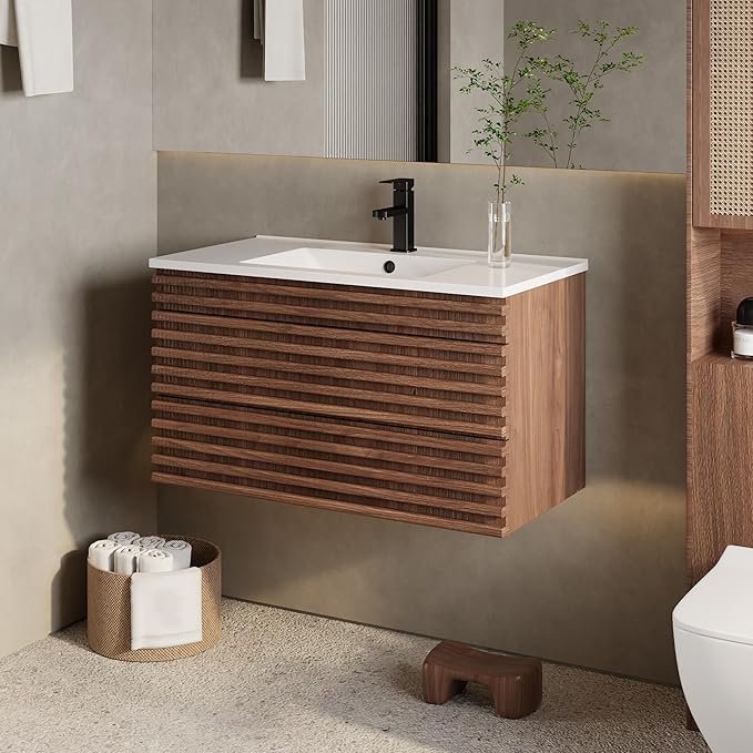 eclife 36" Floating Bathroom Vanity with Sink Combo Mid-Century Wall Mounted Cabinet with Wood Stripes Decor, Drawers, Undermount Single Sink, Faucet, Drain, Cocoa Brown