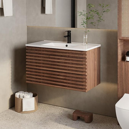 eclife 36" Floating Bathroom Vanity with Sink Combo Mid-Century Wall Mounted Cabinet with Wood Stripes Decor, Drawers, Undermount Single Sink, Faucet, Drain, Cocoa Brown