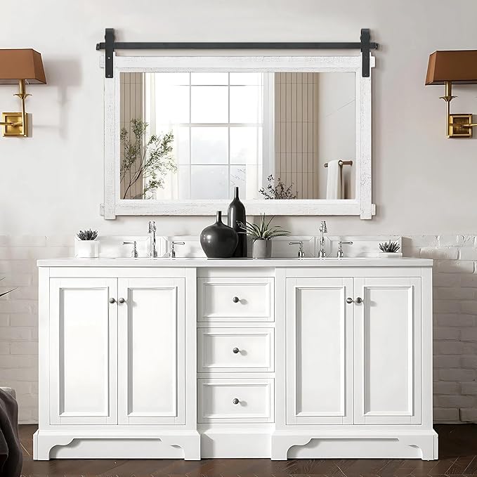 Besdomus Large Bathroom Farmhouse Mirror: 42"x28" White Barn Door Farmhouse Solid Cedar Wood Frame - Rustic Wall Mounted Mirror for Entryway/Living Room/Bathroom Redo - Home Decor for Housewife