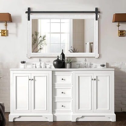 Besdomus Large Bathroom Farmhouse Mirror: 42"x28" White Barn Door Farmhouse Solid Cedar Wood Frame - Rustic Wall Mounted Mirror for Entryway/Living Room/Bathroom Redo - Home Decor for Housewife