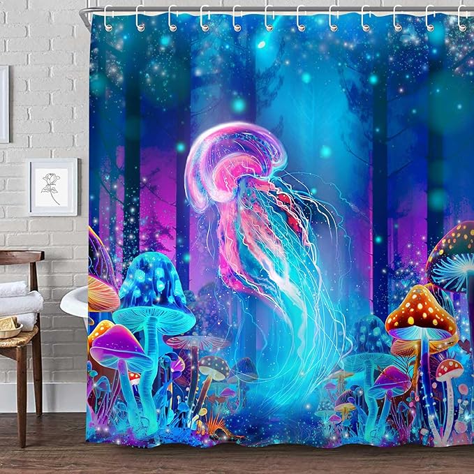 Cool Nautical Jellyfish Shower Curtain, Fantasy Mushroom Forest Bathroom Decor, Cute Colorful Shower Curtains Polyester Fabric 72"×72"