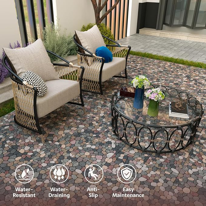 Pebble Tile, Natural Stone Paver Tile, Mountain Grey 4 Sheets | Interlocking Deck Tiles for Patio,Outdoor and Indoor Floor Tiles for Porch Poolside