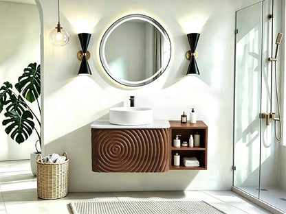 36" Floating Bathroom Vanity with Sink, Mid-Century Wall Mounted Bathroom Vanity Cabinet with Wood Waved Decor,Ceramic Vessel Basin and Sintered Stone Top, Soft Close Drawer, Side Open Cube