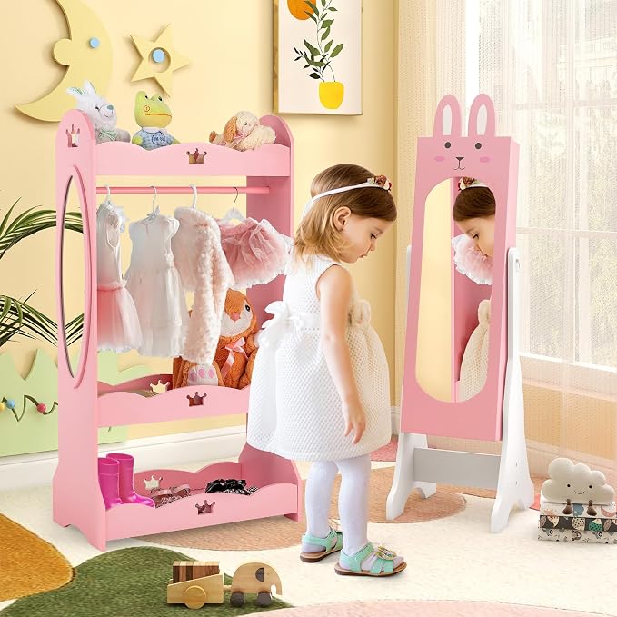HONEY JOY Kids Jewelry Armoire Cabinet, Rabbit Themed Wooden Standing Jewelry Organizer w/Full-length Mirror and Storage Drawers, Children Dress Up Jewelry Cabinet for Little Girls (Pink)
