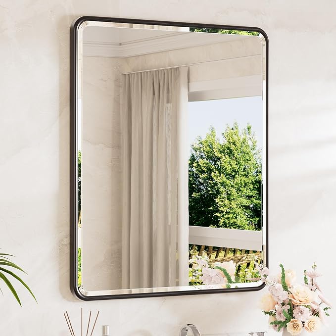 Black Mirrors for Wall 30 x 36 Beveled Edge Tempered Glass, Rounded Corner Rectangle Framed Mirror for Modern Bathroom, Living Room, Bedroom, Entryway