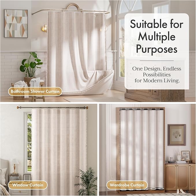 Bathway Farmhouse Shower Curtain Boho with Tassels, Linen Blend Heavy Duty Shower Curtain Set with 12 Metal Hooks, Vintage Luxury Rustic Elegant Fabric Curtain for Bathroom Window, 72x72 Inches, Beige