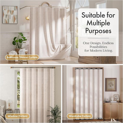 Bathway Farmhouse Shower Curtain Boho with Tassels, Linen Blend Heavy Duty Shower Curtain Set with 12 Metal Hooks, Vintage Luxury Rustic Elegant Fabric Curtain for Bathroom Window, 72x72 Inches, Beige