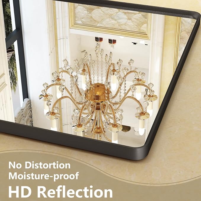 OKPAL 60X28 Inch Black Metal Framed Bathroom Mirror for Wall, Matte Black Bathroom Vanity Mirror, Large Rounded Rectangle Modern Mirror, Rustproof, Shatterproof (Horizontal/Vertical)