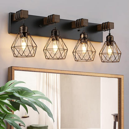 VbiTmn Black Gold Bathroom Light Fixtures, 4-Light Farmhouse Vanity Light | Wood Vanity Lights, Rustic Wall Mount Over Mirror for Bedroom & Hallway, Easy to Install, Sturdy Build for Bathroom Use