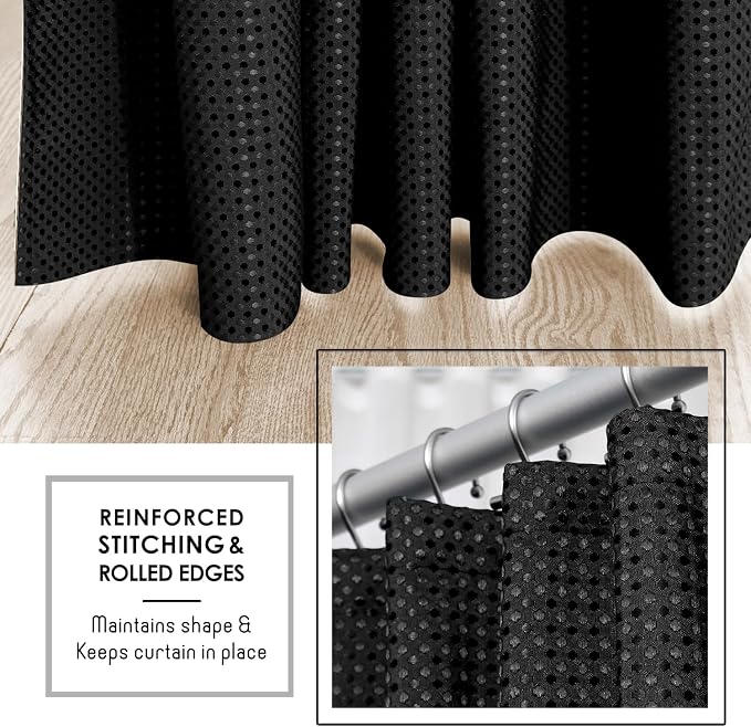 Clara Clark Black Shower Curtain - Hotel Quality Waffle Fabric Bath Curtain 72x72, Heavy Duty Waterproof Shower Curtains for Bathroom