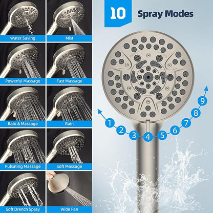 Hibbent All Metal CUPC Certified Shower Head, 8'' High Pressure Rainfall Shower Head, Handheld Showerhead Combo, 12'' Adjustable Extension Arm, 10 Sprays, 71'' Hose, Showerhead Holder, Brushed Nickel