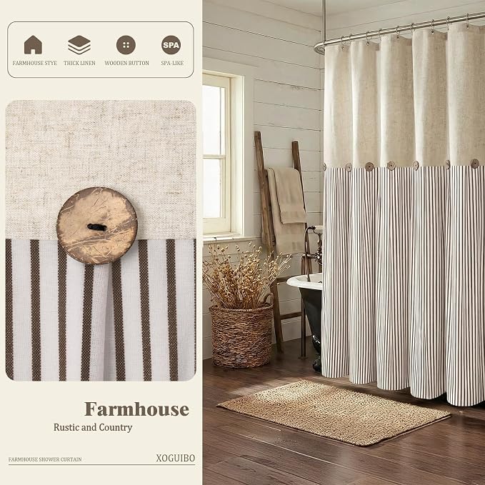 Farmhouse Shower Curtain Linen Beige Button Brown Stripe 72"W x 78"L | Farmhouse Style, Chic Button, Striped, Linen Fabric, Rustic, Country, Natural Look, Washable, for Bathroom Bathtub