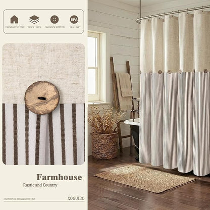 Farmhouse Shower Curtain Linen Beige Button Brown Stripe 72"W x 78"L | Farmhouse Style, Chic Button, Striped, Linen Fabric, Rustic, Country, Natural Look, Washable, for Bathroom Bathtub