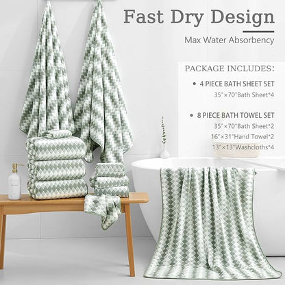 4 Piece Bath Towel Set Oversized Bath Sheet 35"x70" Bathroom Towel Extra Large Towel Set Soft Highly Absorbent & Quick Dry Premium Bath Sheet for Bathroom 600GSM Shower Towel Spa Gym Hotel,Green