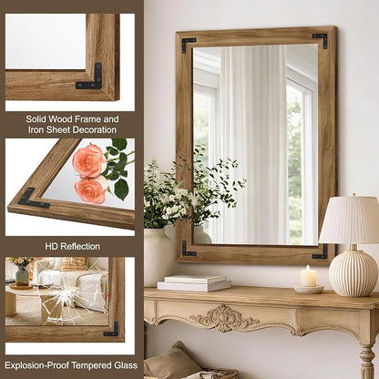AMOISE Farmhouse Bathroom Vanity Mirror 40"x28" Vintage Rustic Wall Mirror | Wood Frame, Over Sink Mirror for Bathroom, Entryway, Bedroom, Living Room, Vertical or Horizontal Hanging