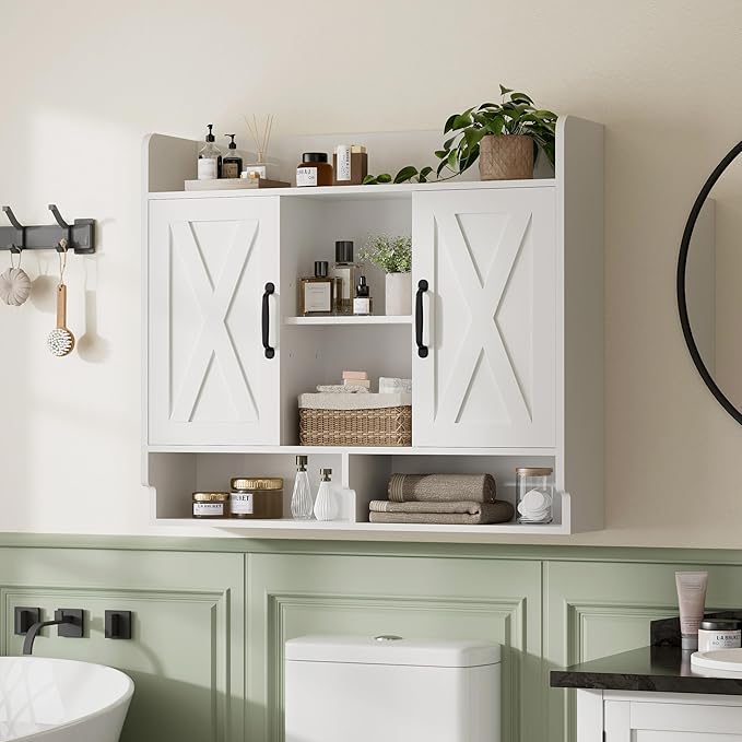 White Bathroom Wall Cabinet, Wall Mount Storage Cabinet, Floating Medicine Cabinet with 5 Open Shelves and 2 Deep Cabinets Over The Toilet for Laundry Room, Kitchen