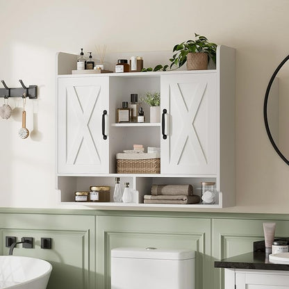 White Bathroom Wall Cabinet, Wall Mount Storage Cabinet, Floating Medicine Cabinet with 5 Open Shelves and 2 Deep Cabinets Over The Toilet for Laundry Room, Kitchen