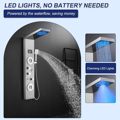 ROVATE 6-in-1 LED Rainfall Mist Shower Panel Tower System, Brushed Finish | Stainless Steel Shower Column with 2-Setting Massage Body Jets, Flexible Handheld, Tub Spout, Digital Temperature Display