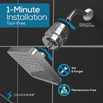 SparkPod Filtered Shower Head, 23-Stage, 6" Square, Polished Chrome | Showerhead for Hard Water, High Pressure, Reduces Chlorine, Heavy Metals, For Dry Skin & Hair, Removable Capsule Filter