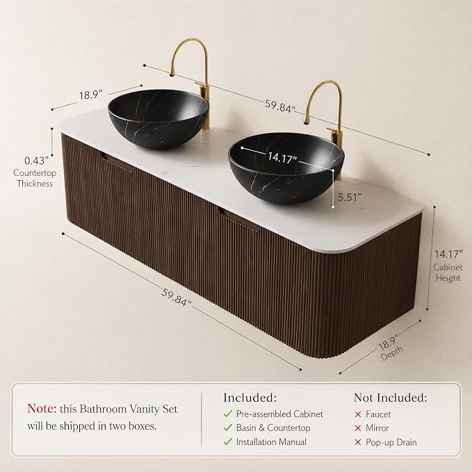 60 Inch Double Sink Bathroom Vanity, Floating Wall Mounted Cabinet, Dark Walnut Curved Fluted Front, Stone Top, Dual Black Marble Vessel Basins, Pre-Assembled