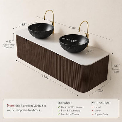 60 Inch Double Sink Bathroom Vanity, Floating Wall Mounted Cabinet, Dark Walnut Curved Fluted Front, Stone Top, Dual Black Marble Vessel Basins, Pre-Assembled