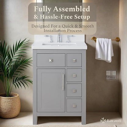 Lavanti Oakford 24 Inch Bathroom Vanity with Sink – Stylish Grey Vanity Bathroom with Storage Cabinet – Modern Bathroom Vanities with Single Vanity Sink & Quartz Countertop
