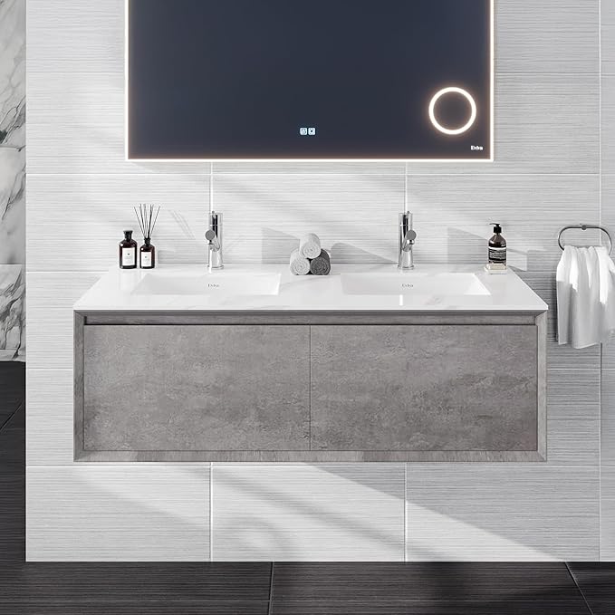 Eviva Aurora 48 in. Concrete Gray Wall Mount Double Sink Bath Vanity with Carrara Quartz Top