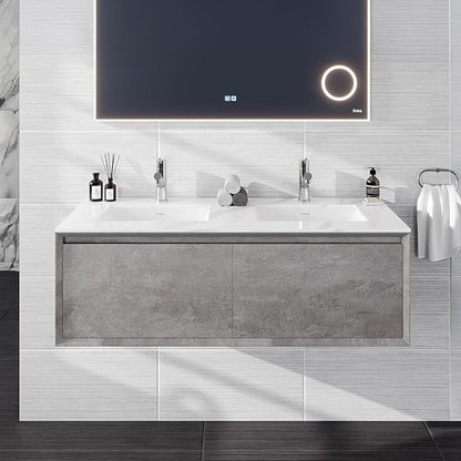 Eviva Aurora 48 in. Concrete Gray Wall Mount Double Sink Bath Vanity with Carrara Quartz Top