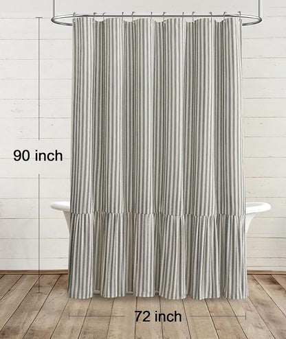 Farmhouse Shower Curtain Ruffle Linen Cream-Black Stripe 72"W x 90"L | Farmhouse Boho, Striped, Bottom Ruffle, Linen Fabric, Rustic, Country, Natural Look, Washable, for Bathroom Bathtub