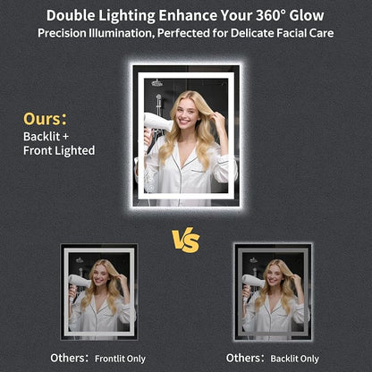 28"x20" LED Bathroom Mirror with Lights, Backlit+Frontlit, Anti-Fog | CRI 95, Stepless Dimmable, 3 Colors Lighting, Shatterproof Tempered Glass, HD Reflection, Memory, (Horizontal/Vertical)