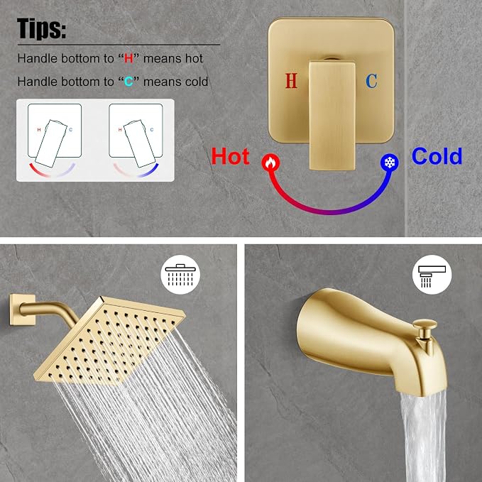 Heyalan 6 Inch Shower Faucet Set with Tub Spout and Valve, Brushed Gold | 6-inch square rainfall head, tub spout with diverter, male-thread rough-in valve, single-handle control and wall-mount design