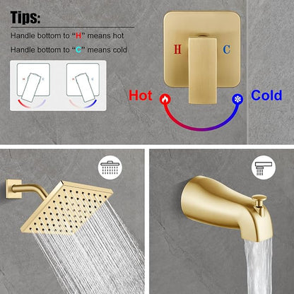 Heyalan 6 Inch Shower Faucet Set with Tub Spout and Valve, Brushed Gold | 6-inch square rainfall head, tub spout with diverter, male-thread rough-in valve, single-handle control and wall-mount design