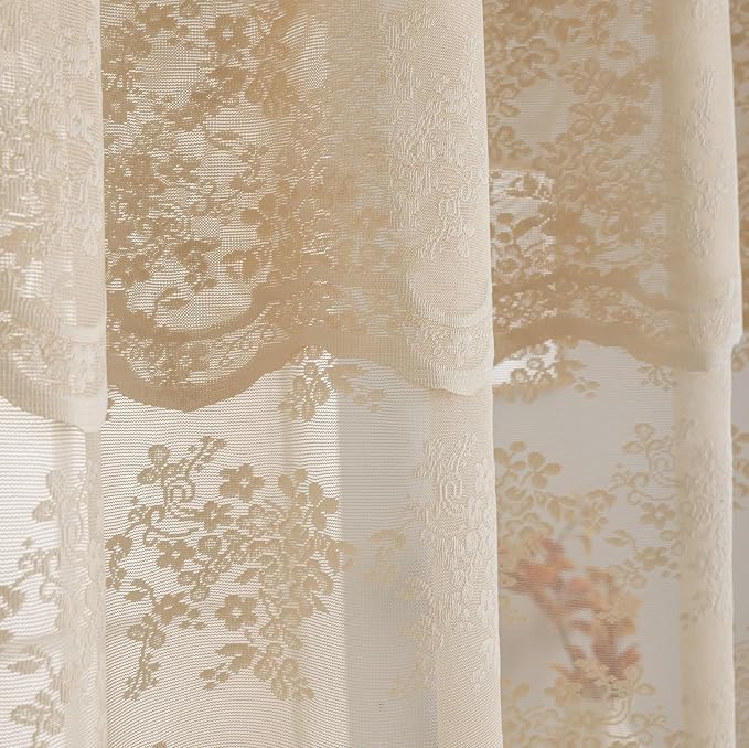 Beige Shower Curtain 72x72, Cottage Core Lace with Attached Valance | Cottage Core Shower Curtain with Scalloped, Floral lace Details, Soft Light, Antique Vintage and Boho Bathroom Decor
