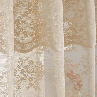 Beige Shower Curtain 72x72, Cottage Core Lace with Attached Valance | Cottage Core Shower Curtain with Scalloped, Floral lace Details, Soft Light, Antique Vintage and Boho Bathroom Decor