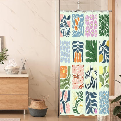 JAWO Retro Shower Curtain Vintage Abstract Boho Floral Shower Curtains for Bathroom Decor Green Teal Botanical Geometric Groovy Aesthetic Pattern Shower Curtain Sets with Hooks, 47X64IN