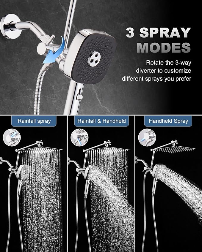 10" Rainfall Shower Head with Handheld Combo, High Pressure Dual Showerhead with Square Rain& Magnetic Hand Sprayer, 15" Adjustable Metal Extension Arm (Chrome)