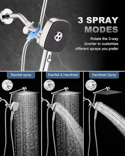 10" Rainfall Shower Head with Handheld Combo, High Pressure Dual Showerhead with Square Rain& Magnetic Hand Sprayer, 15" Adjustable Metal Extension Arm (Chrome)