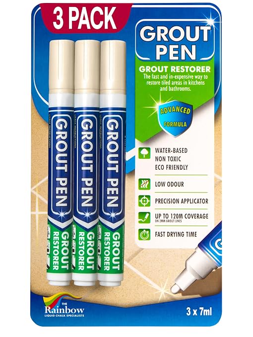 Grout Pen Cream Tile Grout Paint Marker - Narrow 5mm Tip (7mL) - 3 Pack | Waterproof Grout Refresh Restorer for Kitchen & Bathroom, Colorant and Sealer Pens for Cleaner Looking Grout Lines - Cream