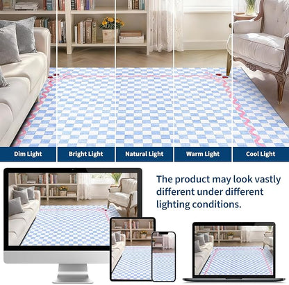 Garvee Washable Baby Blue 8x10 Area Rugs for Living Room, Checkered Cherry | Coquette Non Slip Soft Bedroom Rugs Non Shedding Low Pile Stain Resistant Carpet for Nursery Grils Room Dorm Playroom Office