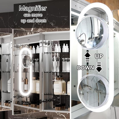 66"x36" Smart LED Medicine Cabinet with Mirror - Triple Door Bathroom Storage, Anti-Fog Technology, 3-Color Stepless Dimming, 5X Magnifier, Night Light, Soft-Close Hinges