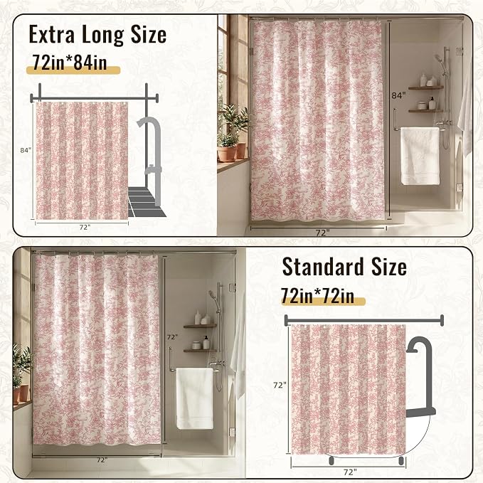 Farmhouse Pink Floral Shower Curtain with 12 Clear Rings 72"W x 72"L | Boho Fabric Faux Linen Shower Curtain Set, Vintage Cottagecore Shower Curtain for Bathroom