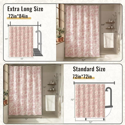 Farmhouse Pink Floral Shower Curtain with 12 Clear Rings 72"W x 72"L | Boho Fabric Faux Linen Shower Curtain Set, Vintage Cottagecore Shower Curtain for Bathroom