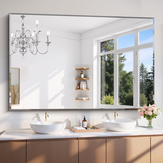 CILIBER Beveled Bathroom Mirror, 60x40 Large Bathroom Mirrors for Over Sink, 3mm Tempered Glass Beveled Frameless Vanity Mirror for Bathroom, Bedroom, Living Room and Entryway