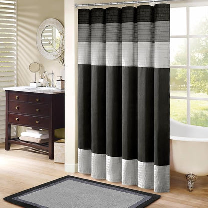 Madison Park Amherst 72 x 72 Bathroom Shower Curtain, Faux Silk, Black | Modern Classic, Light Sheen, Pieced, Striped, Microfiber, Machine Washable, OEKO-TEX Certified, Amherst