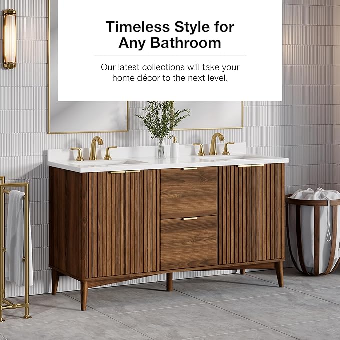 OVE Decors Indy 60 in. Undermount Double Sink Bathroom Vanity with White Engineered Marble Top, Warm Walnut