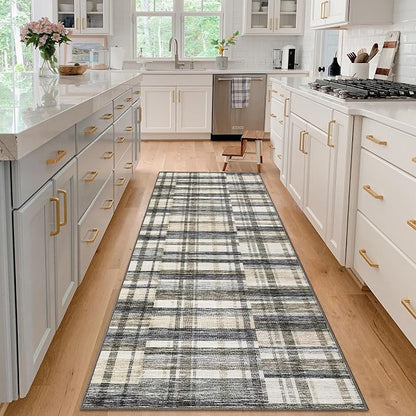 Washable Runner Rug 2x6 Runner Moder Plaid Tartan Non Slip Kitchen Rugs Low Pile Entryway Rug Soft Bathroom Rugs Stain Resistant Carpet for Hallway Laundry 2'x6' Blue&Beige