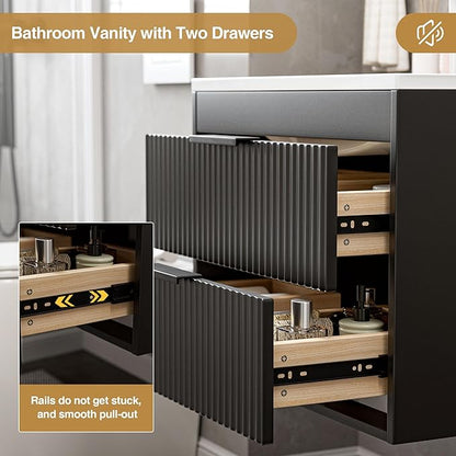 36 Inches Modern MDF Bathroom Vanity with Sink, Wall Mounted Floating Cabinets w/Double Drawers, Black Handles, White Resin Sink Combo Set (Black, 36")