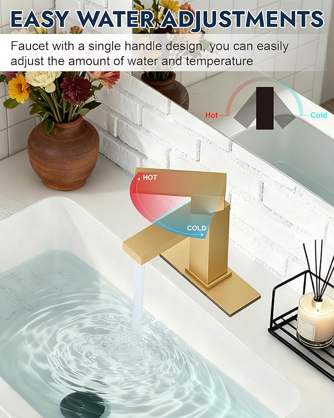 Midanya Bathroom Faucets 1 Hole, Single Handle Stainless Steel Bathroom Sink Faucet, Modern Vanity Faucets with Deck Plate,Water Supply Hoses and Pop Up Drain,Brushed Gold