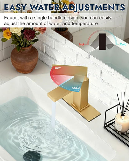 Midanya Bathroom Faucets 1 Hole, Single Handle Stainless Steel Bathroom Sink Faucet, Modern Vanity Faucets with Deck Plate,Water Supply Hoses and Pop Up Drain,Brushed Gold