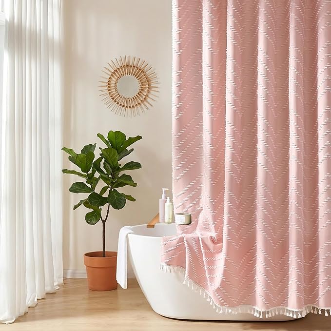 Siiluminisoy Extra Long Pink Boho Shower Curtain with White Tassel, Woven Fabric 96 in Curtain, Tufted Chevron Striped, 72x96, Modern Chic Textured Minimalist Cute for Bathroom